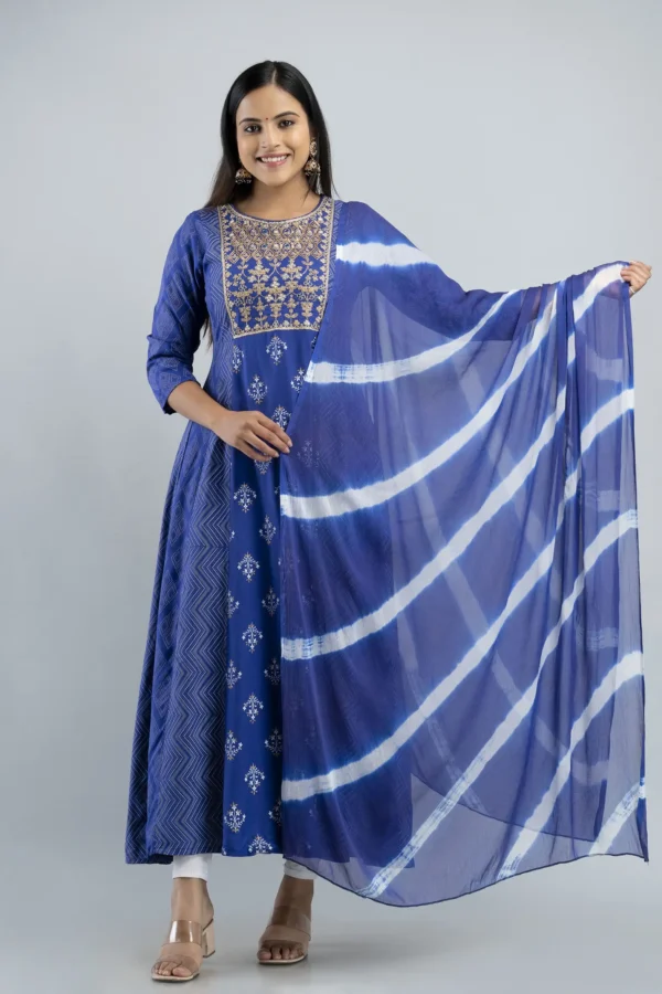 MAUKA - Blue Straight Rayon Women's Stitched Ethnic Gown